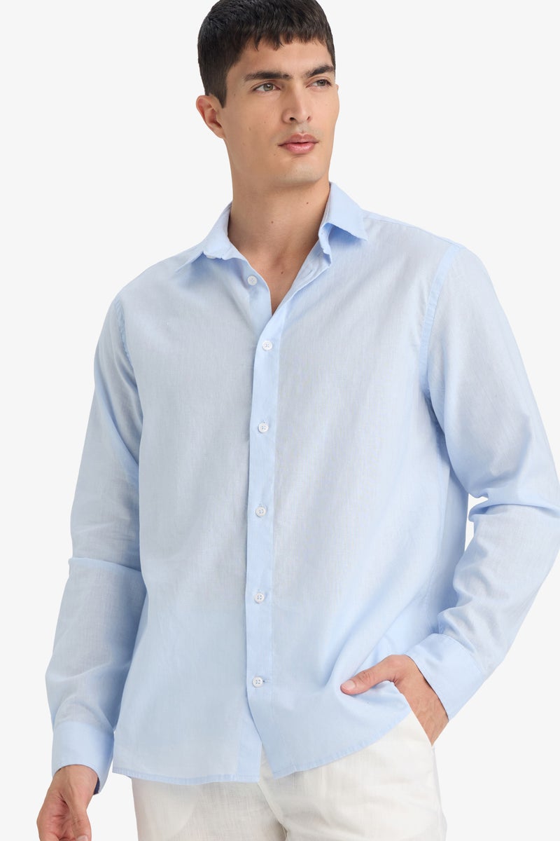 ديفاكتو قميص كتان كم طويل قصة عادية بياقة بولو - Image 1